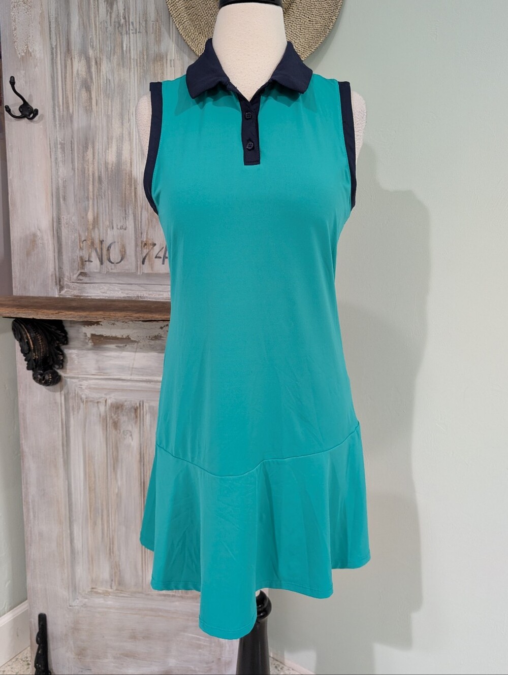 Lillie Green Sleeveless Teal Polo Dress with Navy Trim